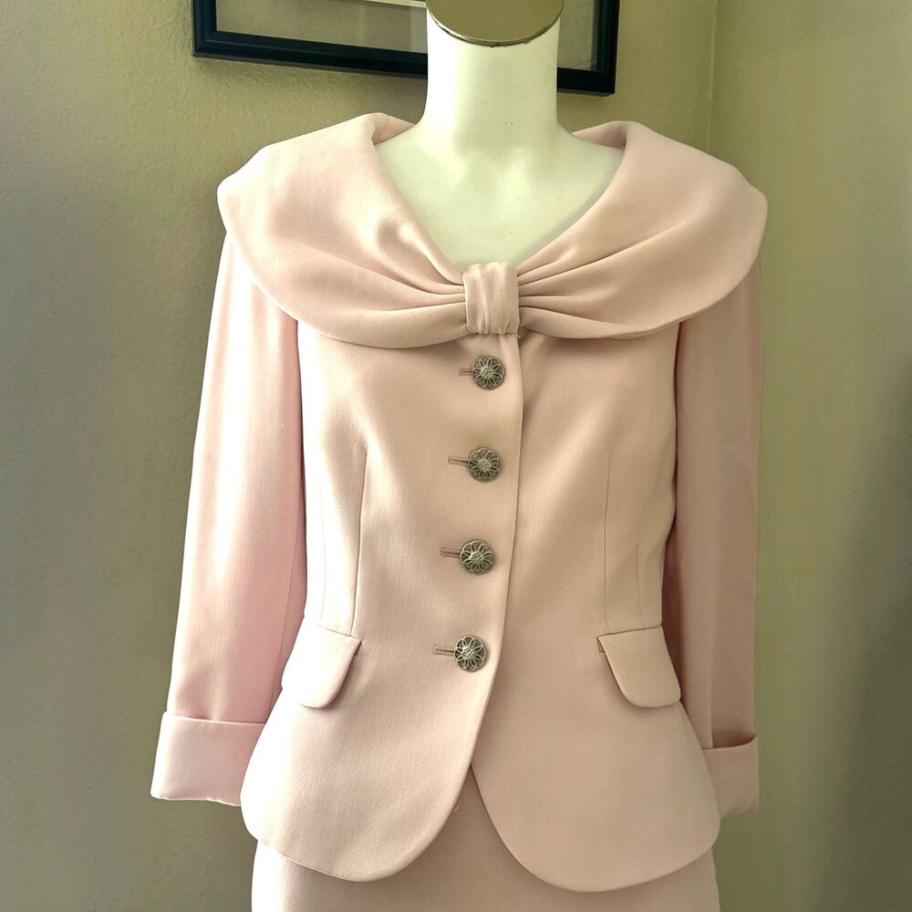 TAHARI Womens Pink Textured 2-Piece Skirt Suit Set Pearl Button Blazer - Picture 3 of 9